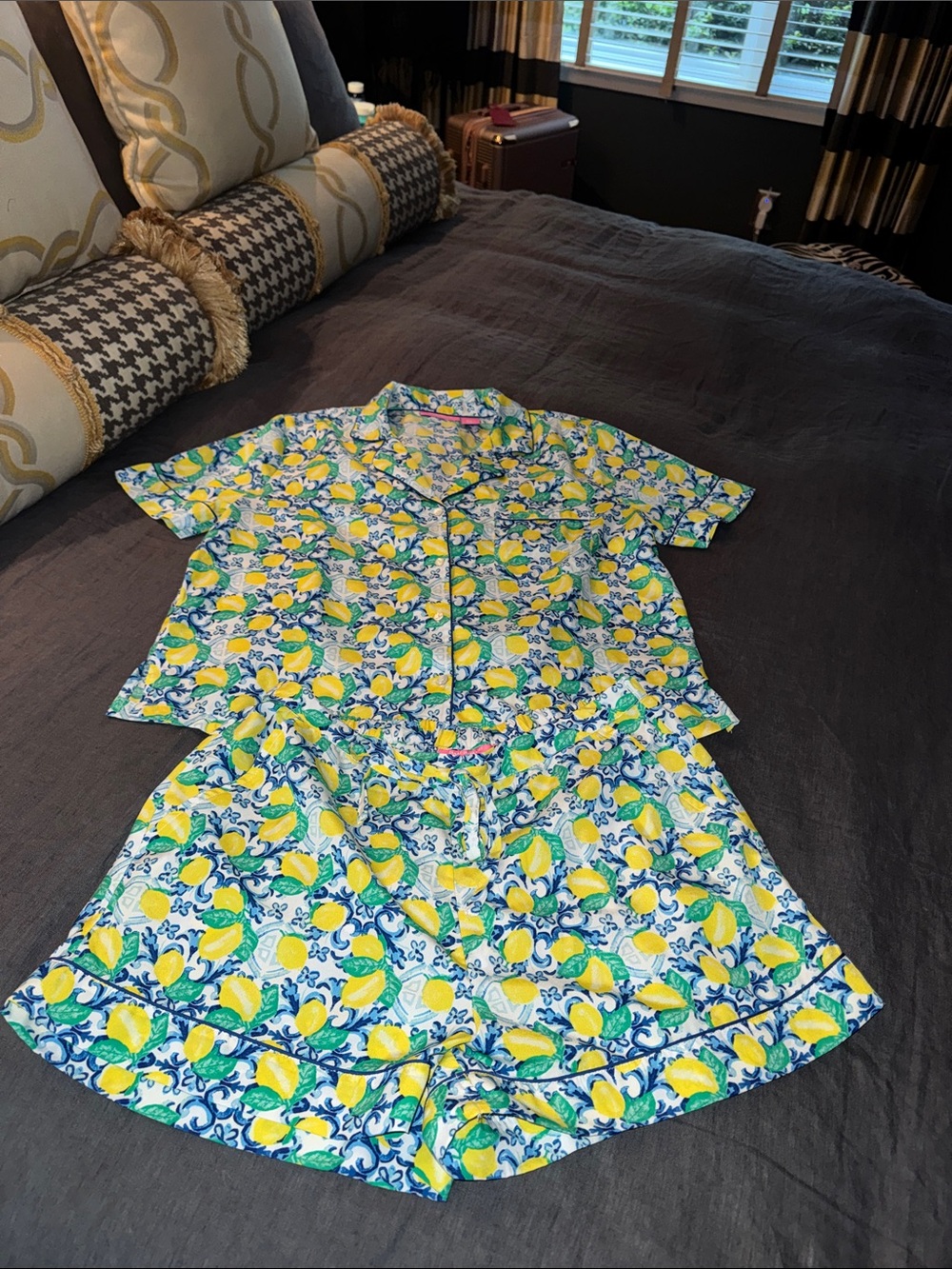 Isaac Mizrahi Lemon & Floral Short Pajama Set in Yellow, Blue, Green